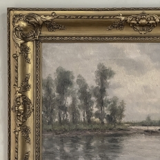 19th Century Belgian Oil on Canvas Painting of Riverboats by Romain Steppe in Original Gilt Frame