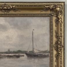 19th Century Belgian Oil on Canvas Painting of Riverboats by Romain Steppe in Original Gilt Frame