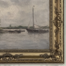 19th Century Belgian Oil on Canvas Painting of Riverboats by Romain Steppe in Original Gilt Frame