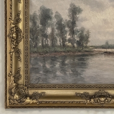 19th Century Belgian Oil on Canvas Painting of Riverboats by Romain Steppe in Original Gilt Frame