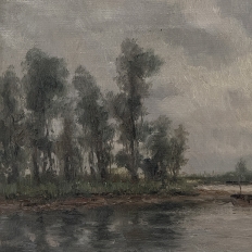 19th Century Belgian Oil on Canvas Painting of Riverboats by Romain Steppe in Original Gilt Frame