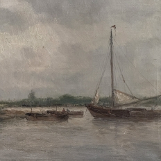 19th Century Belgian Oil on Canvas Painting of Riverboats by Romain Steppe in Original Gilt Frame
