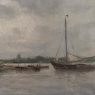 19th Century Belgian Oil on Canvas Painting of Riverboats by Romain Steppe in Original Gilt Frame