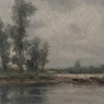 19th Century Belgian Oil on Canvas Painting of Riverboats by Romain Steppe in Original Gilt Frame
