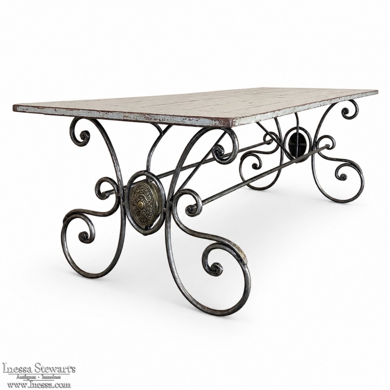 Mid-Century French Painted Oak and Wrought Iron Dining Table