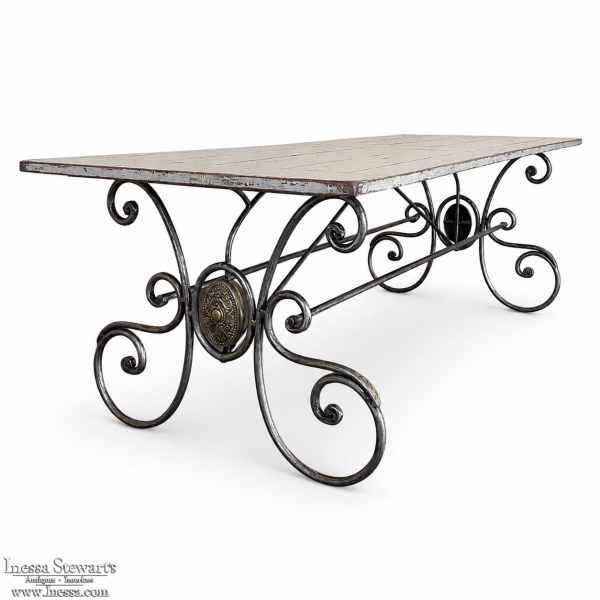 Mid-Century French Painted Oak and Wrought Iron Dining Table