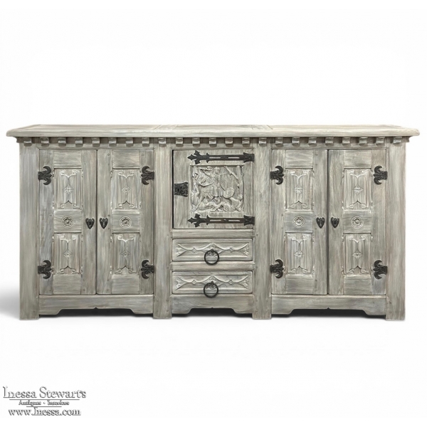 Antique Grand French Normandy Gothic Revival White Oak Buffet