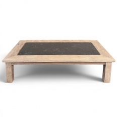 Mid-Century Belgian Brutalist Stripped Oak and Black Marble Coffee Table