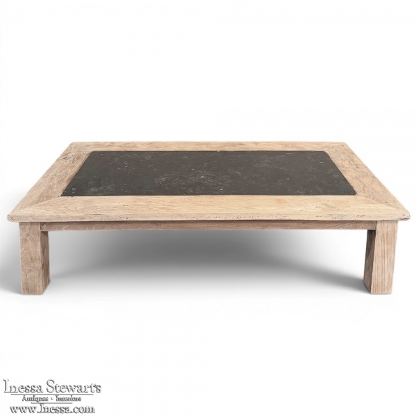 Mid-Century Belgian Brutalist Stripped Oak and Black Marble Coffee Table