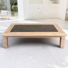 Mid-Century Belgian Brutalist Stripped Oak and Black Marble Coffee Table