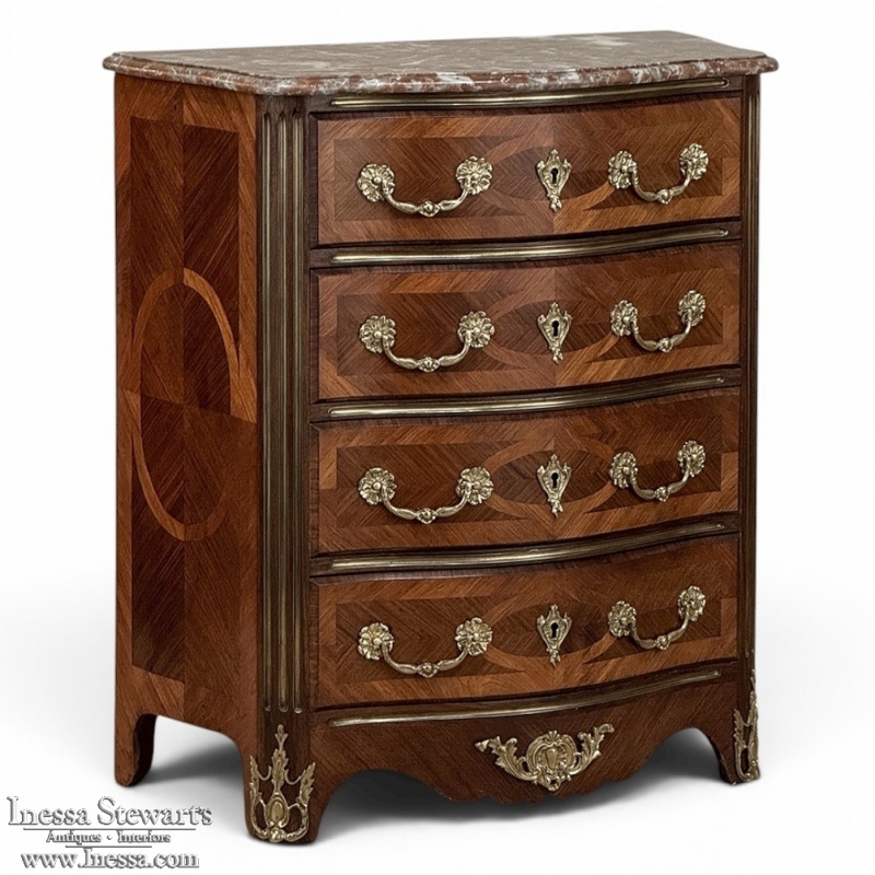 19th Century French Louis XIV Style Marquetry Marble Top Commode