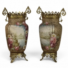 Pair of 19th Century French Gilt Bronze Mounted Hand-Painted Porcelain Vases by Royal Bonn