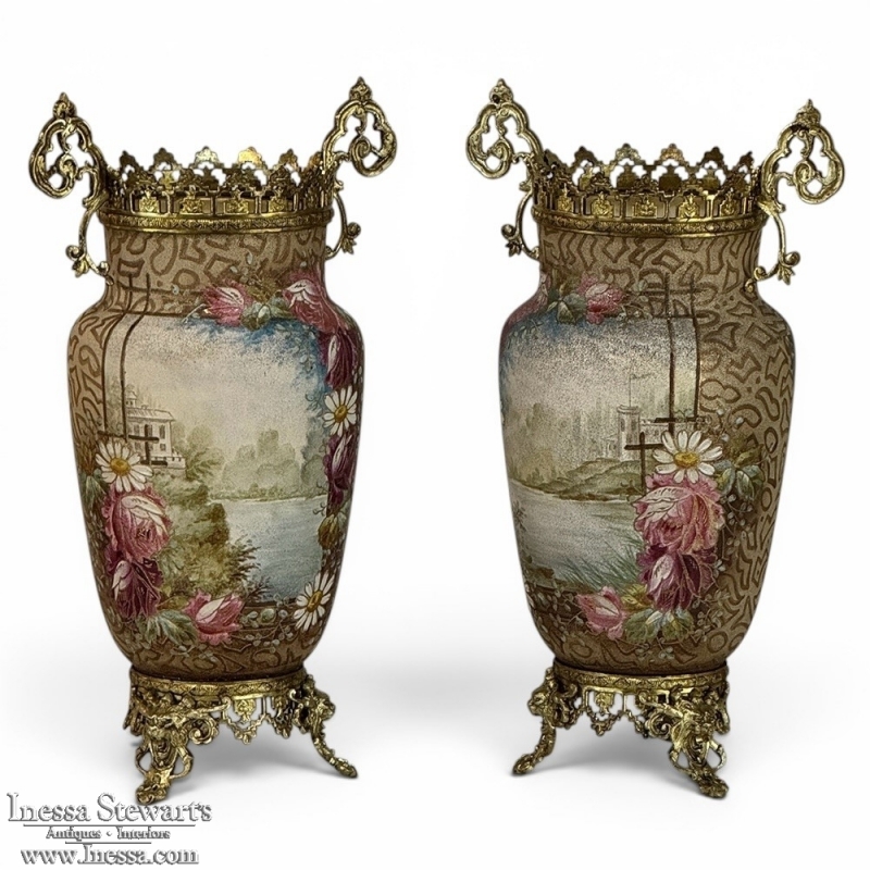 Pair of 19th Century French Gilt Bronze Mounted Hand-Painted Porcelain Vases by Royal Bonn