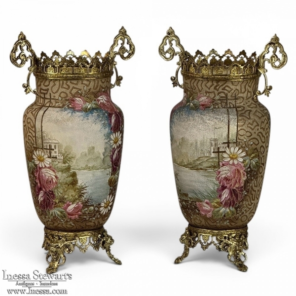 Pair of 19th Century French Gilt Bronze Mounted Hand-Painted Porcelain Vases by Royal Bonn