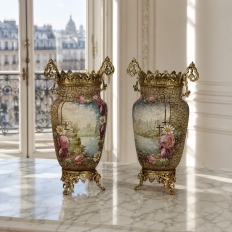 Pair of 19th Century French Gilt Bronze Mounted Hand-Painted Porcelain Vases by Royal Bonn