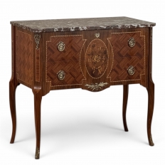 Antique French Louis XVI Style Marquetry Marble Top Commode