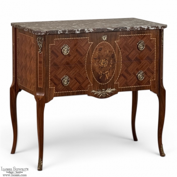 Antique French Louis XVI Style Marquetry Marble Top Commode