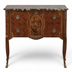 Antique French Louis XVI Style Marquetry Marble Top Commode