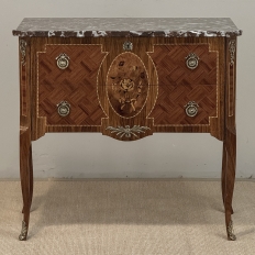 Antique French Louis XVI Style Marquetry Marble Top Commode