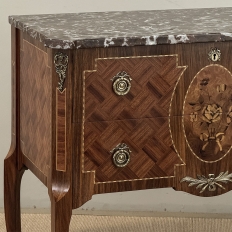 Antique French Louis XVI Style Marquetry Marble Top Commode