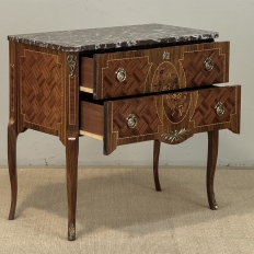 Antique French Louis XVI Style Marquetry Marble Top Commode