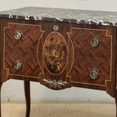 Antique French Louis XVI Style Marquetry Marble Top Commode