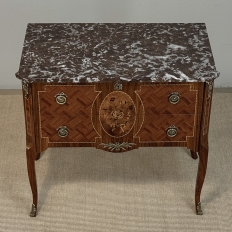 Antique French Louis XVI Style Marquetry Marble Top Commode