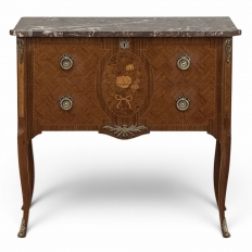 Antique French Louis XVI Style Marquetry Marble Top Commode
