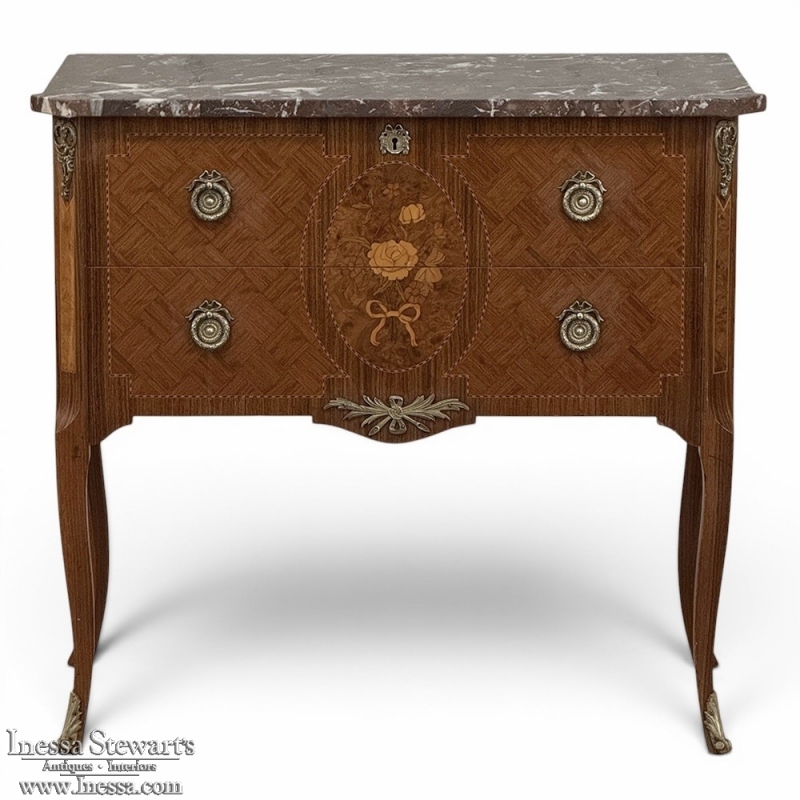 Antique French Louis XVI Style Marquetry Marble Top Commode