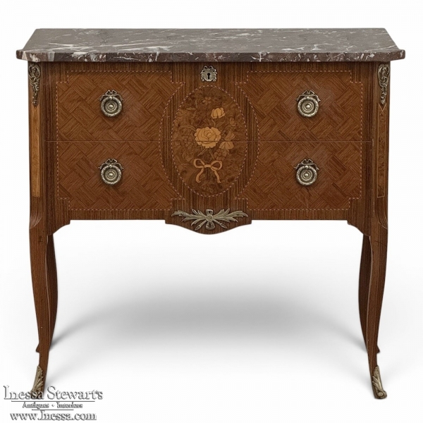 Antique French Louis XVI Style Marquetry Marble Top Commode