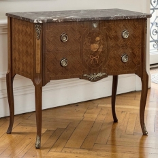 Antique French Louis XVI Style Marquetry Marble Top Commode