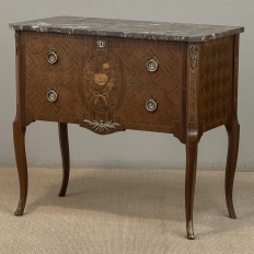 Antique French Louis XVI Style Marquetry Marble Top Commode