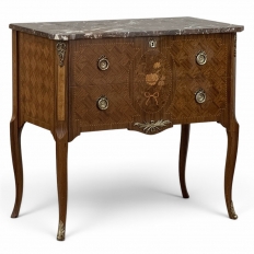 Antique French Louis XVI Style Marquetry Marble Top Commode