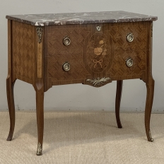 Antique French Louis XVI Style Marquetry Marble Top Commode