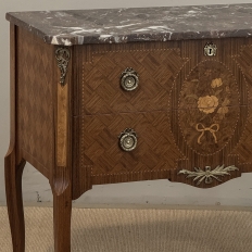 Antique French Louis XVI Style Marquetry Marble Top Commode