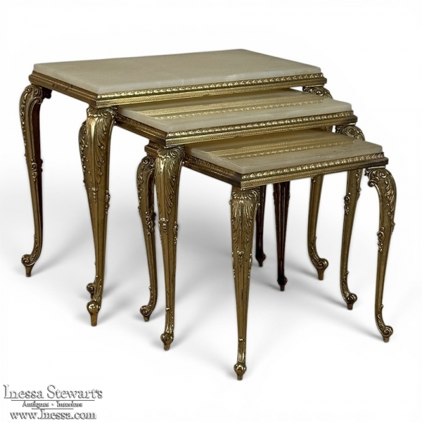 Set of Three Mid-Century French Louis XV Style Brass and Onyx Nesting Tables