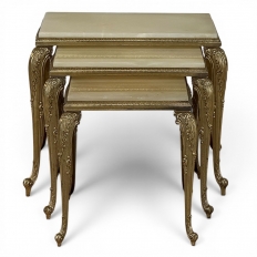 Set of Three Mid-Century French Louis XV Style Brass and Onyx Nesting Tables