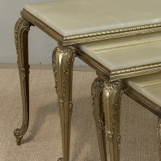 Set of Three Mid-Century French Louis XV Style Brass and Onyx Nesting Tables