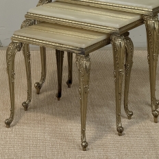 Set of Three Mid-Century French Louis XV Style Brass and Onyx Nesting Tables