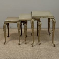 Set of Three Mid-Century French Louis XV Style Brass and Onyx Nesting Tables