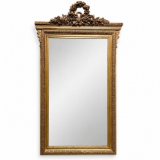 19th Century French Louis XVI Gilded Mirror with Floral Wreath Crest