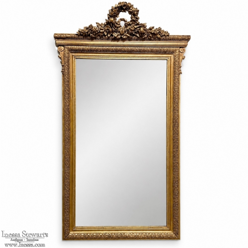 19th Century French Louis XVI Gilded Mirror with Floral Wreath Crest