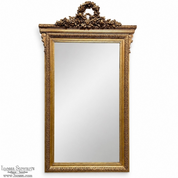 19th Century French Louis XVI Gilded Mirror with Floral Wreath Crest