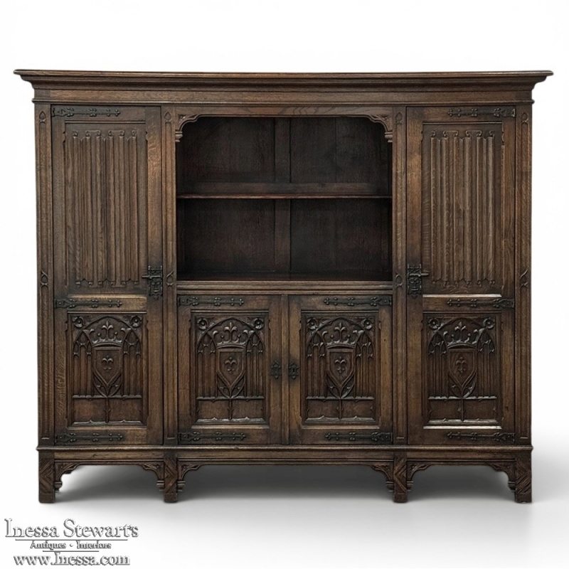 French Gothic Revival Hand-Carved Oak Cabinet Bookcase ~ Cabinet