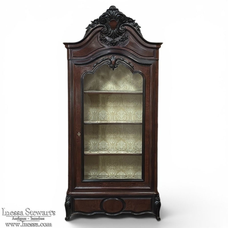 19th Century French Napoleon III Period Burled Walnut Display Armoire ~ Bookcase