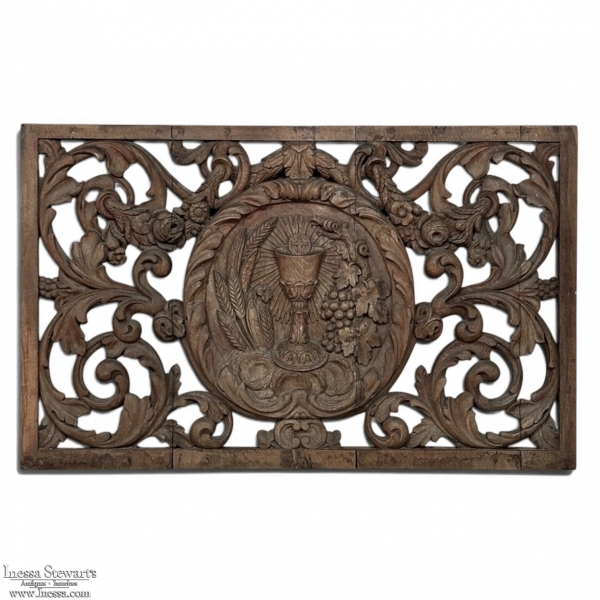 Early 18th Century Baroque Pierced Hand Carved Oak Communion Panel from Cathedral
