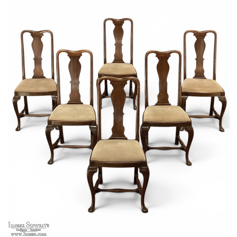 Set of 6 Antique Queen Anne Chestnut Dining Chairs