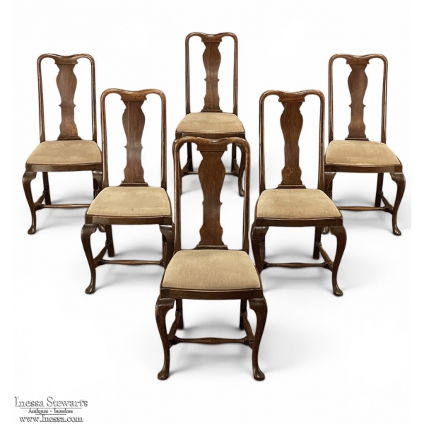 Set of 6 Antique Queen Anne Chestnut Dining Chairs