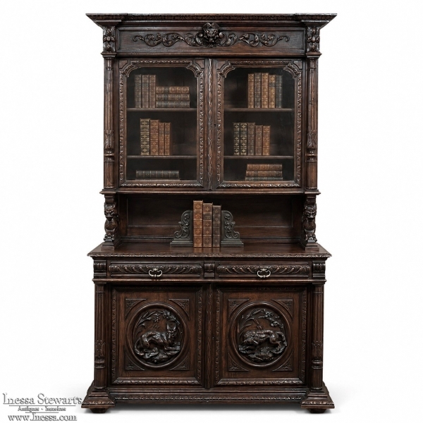 19th Century French Oak Hunt Bookcase ~ Display Cabinet