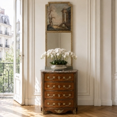 19th Century French Louis XIV Style Marquetry Marble Top Commode